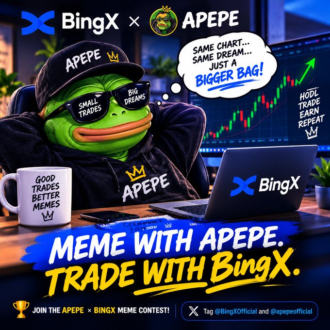A promotional graphic for a BingX and APEPE collaboration meme contest featuring a cartoon ape in sunglasses with a laptop and the text 'MEME WITH APEPE. TRADE WITH BingX.'