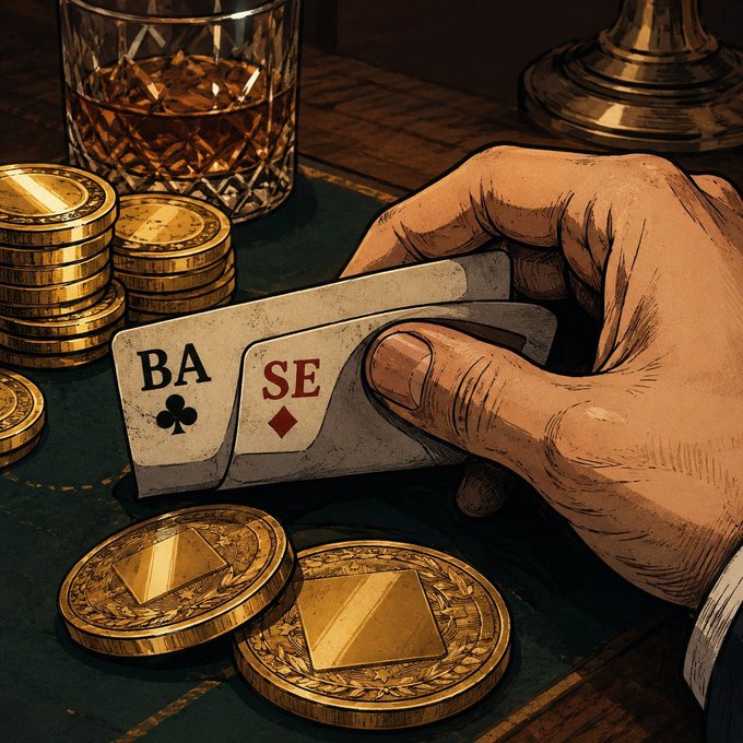 A stylized illustration showing a hand holding two playing cards, the Ace of Clubs and Ace of Diamonds, with stacks of gold coins and a glass of whiskey on a green felt table.