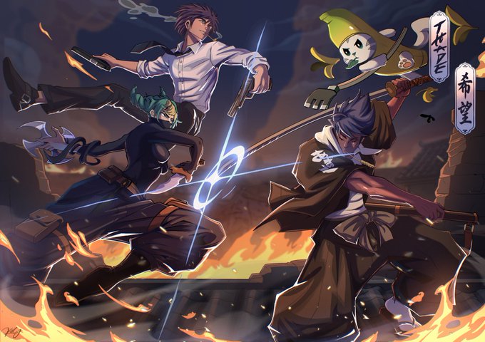 Anime-style illustration featuring characters in dynamic combat poses against a fiery background, with Japanese text labels including 'ただ君を' and '希望'.