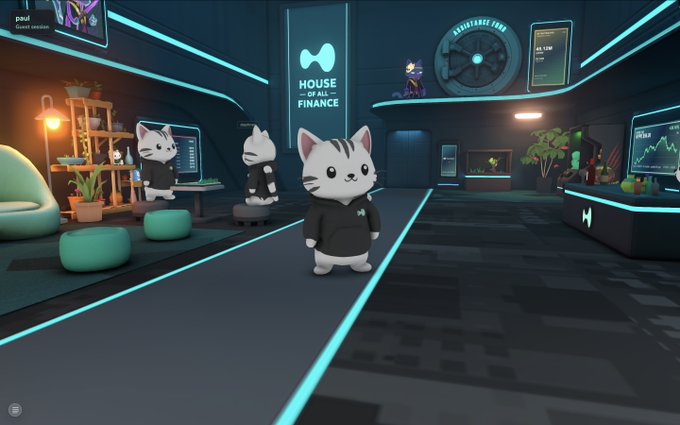 The image depicts a futuristic room with three cartoon cats standing in different positions near each other at various distances from the viewer's perspective. The backdrop shows a clock hanging prominently above them, as well as an open blue door suggesting that this could be a lounge or common area within the building. Above these elements, there is text that reads "House Finance," possibly indicating a theme for the room. In relation to the post, it seems like these cats are enjoying their hypurr lifestyle in the lounge, where they engage in activities such as playing chess and checking charts on screens. This virtual space could represent an interactive game or simulation of real-life financial markets within a digital environment.