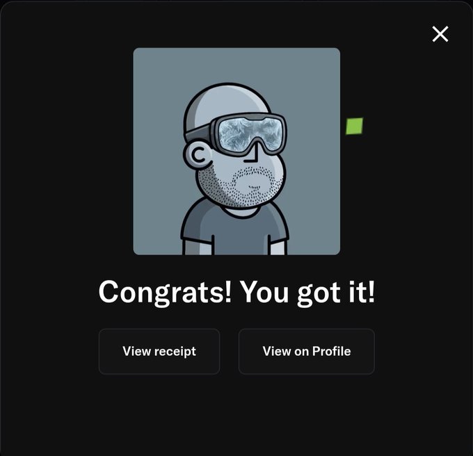 A digital confirmation screen showing 'Congrats! You got it!' with a cartoon avatar of a person wearing goggles, plus buttons for 'View receipt' and 'View on Profile'.
