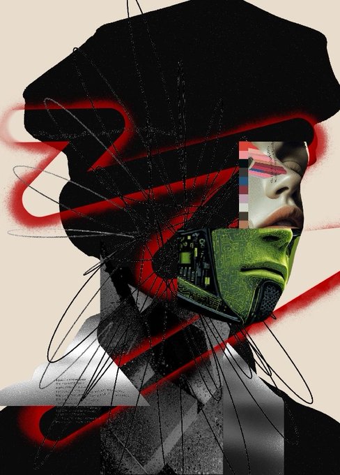 A surreal digital collage artwork featuring a fragmented portrait with a black silhouette head, a green mechanical face component, and red spray-painted elements on a beige background.
