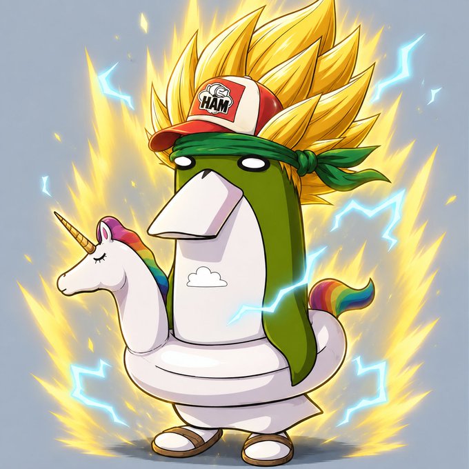 A cartoon illustration of a green and white penguin character with spiky Super Saiyan hair, wearing a "HAM" cap and green bandana, sitting inside a unicorn floatie ring surrounded by yellow energy aura and blue lightning.