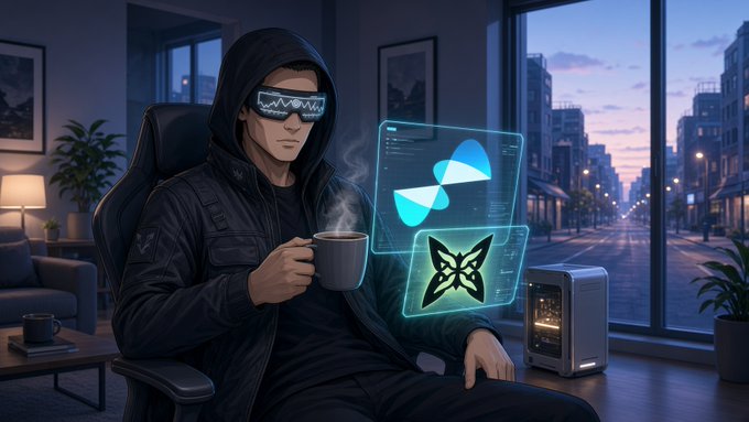 An anime-style illustration depicts a hooded figure wearing digital visor glasses, sitting in a modern apartment and holding a steaming mug, with holographic butterfly and logo graphics floating beside them next to a small computer tower.