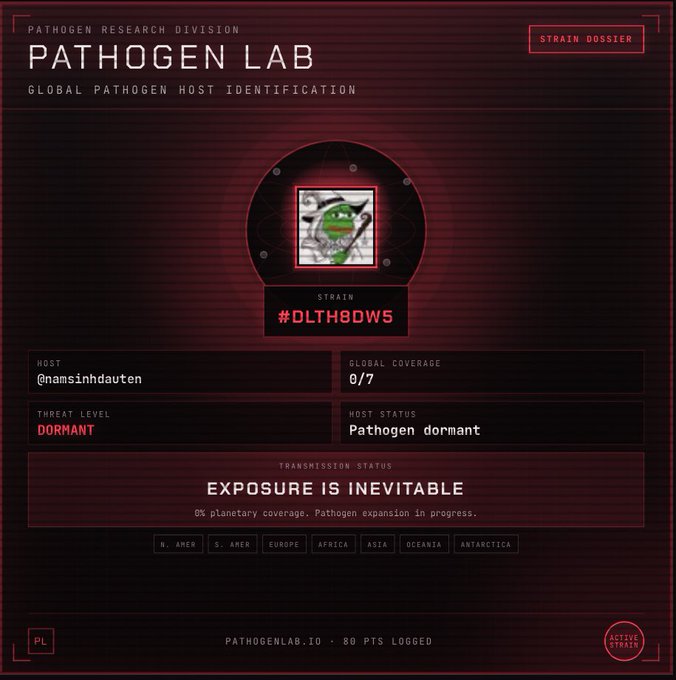 A dark red themed dashboard titled 'PATHOGEN LAB - GLOBAL PATHOGEN HOST IDENTIFICATION' displaying a 'STRAIN DOSSIER' for '#DLTH8DW5' with host '@namsinhdauten', threat level 'DORMANT', and global coverage of '0/7'.