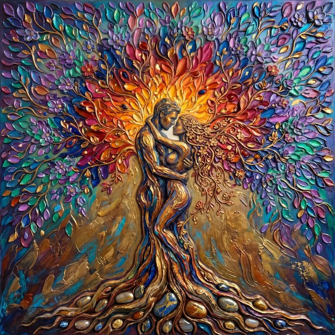 A vibrant, colorful painting depicting two embracing figures that transform into a tree with intricate roots, surrounded by a canopy of leaves and flowers.
