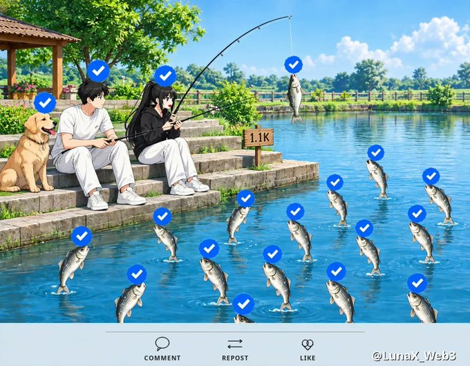 An anime-style illustration depicts two characters and a dog sitting by a lake fishing, with numerous fish in the pond each marked with blue checkmark icons; a sign reads '1.1K' and the bottom shows social media icons labeled 'COMMENT', 'REPOST', 'LIKE', with the watermark '@Lunax_Web3'.