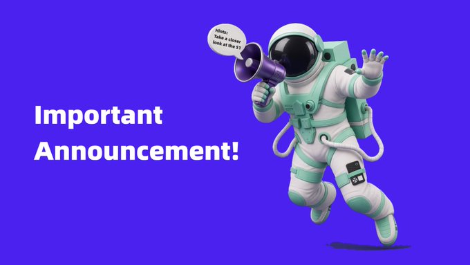 The image shows a 3D-rendered astronaut in a white and teal spacesuit holding a purple megaphone with a speech bubble reading "Yahoo! Take a closer look at the a…" against a purple background, alongside the text "Important Announcement!" This visual ties to the post by building anticipation for the upcoming SafePal × Paimon Finance announcement, with the megaphone symbolizing the big news about to be revealed tomorrow.