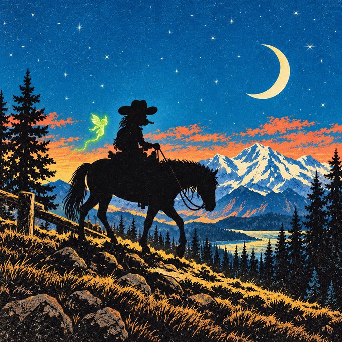 The image is a stylized illustration showing a silhouetted cowboy on horseback traversing a rocky ridge at twilight, accompanied by a glowing green fairy, with snow-capped mountains, pine forests, and a starry sky featuring a crescent moon in the background. It relates to the "$BAYLA" post by evoking a sense of pioneering adventure and "conquering new creative frontiers" through the lone rider journeying into uncharted, magical territory.