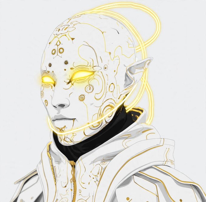 A digital artwork depicts a pale, bald humanoid figure with pointed elven ears, intricate gold circuitry patterns across the face, and glowing yellow eyes, framed by a luminous golden halo against a white background.