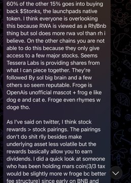 A cropped screenshot shows a section of a cryptocurrency discussion focusing on tokenomics, mentioning that "60% of the other 15% goes into buying back $Stonks," and criticizing pairing rewards for making assets less volatile but noting revenue-generating assets like Solana may be exceptions. The post below compares $Stonk's revenue metrics to other projects like Pons, Pump, and Hyperliquid, justifying the author's continued position.
