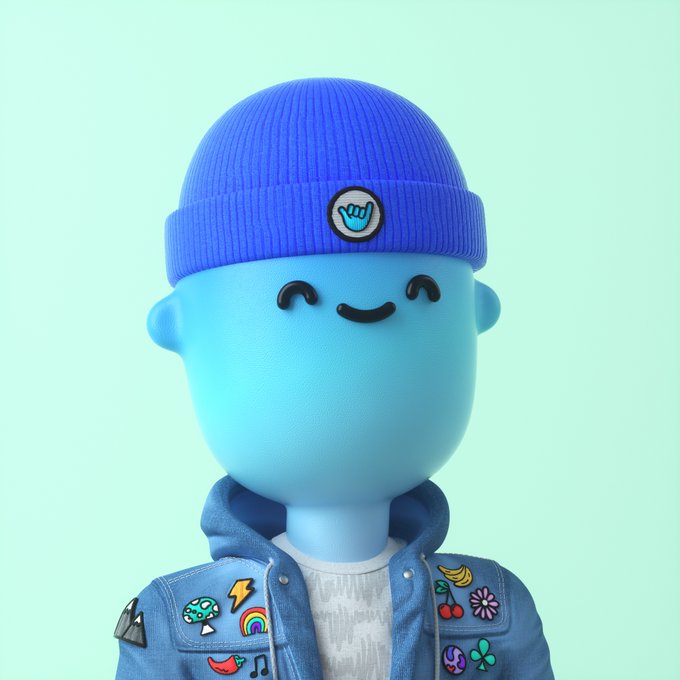 A 3D-rendered blue character wearing a beanie with a hand logo and a denim jacket covered in colorful patches, including a mushroom, lightning bolt, and rainbow.