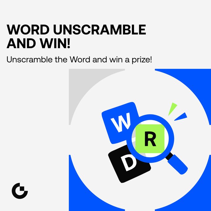 A promotional graphic featuring bold text "WORD UNSCRAMBLE AND WIN!" with the subtitle "Unscramble the Word and win a prize!" above an illustration of letter tiles (W, R, D) being examined by a magnifying glass, paired with a "G" logo, advertising a Gate Money word scramble contest with a $25 USDT prize.
