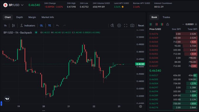 A cryptocurrency trading interface showing the BP/USD trading pair at 0.46340 (down 2.02%), featuring a candlestick chart on the left and an order book on the right with bid/ask prices.
