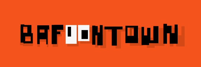 The logo for 'BAFONTOWN' is displayed in a stylized, blocky black font with two white square accents on a solid orange background.