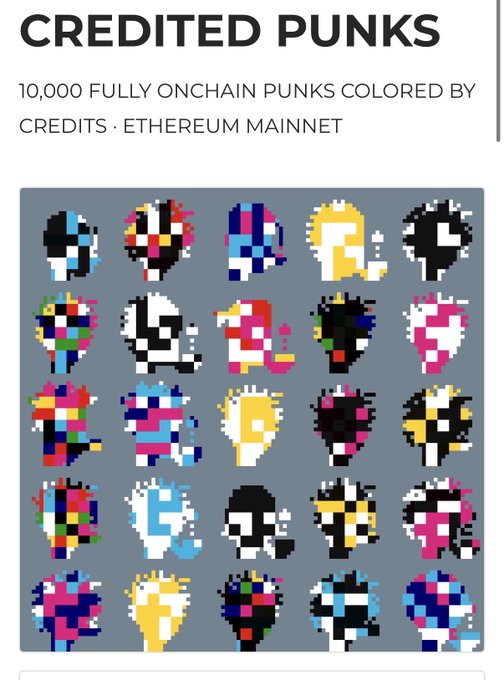 A promotional graphic for 'CREDITED PUNKS' featuring the text '10,000 FULLY ONCHAIN PUNKS COLORED BY CREDITS · ETHEREUM MAINNET' above a grid of 25 colorful pixelated skull designs.