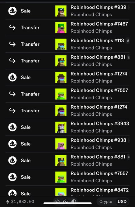 A mobile screenshot showing a list of NFT transactions for "Robinhood Chimps" collections, with various Sale and Transfer entries for items numbered #939, #7467, #113, #881, #1274, #7557, #3943, #938, and #8472, totaling $1,882.03. The image appears to illustrate active trading volume in the NFT market, supporting the post's mention of "Gud Tek at $0.19" by suggesting ongoing market activity.
