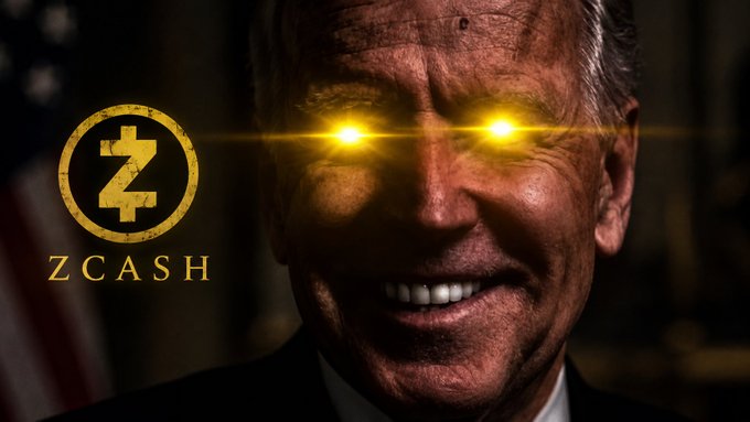 A photoshopped image of George W. Bush with glowing yellow eyes, accompanied by the Zcash cryptocurrency logo.