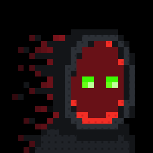 A pixel art illustration of a dark gray hooded figure with glowing green eyes and disintegrating red pixel fragments on its left side.