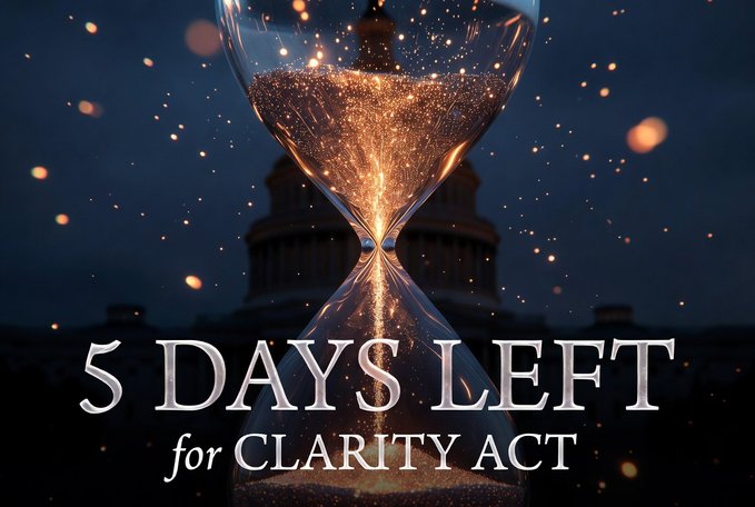 A dramatic graphic featuring a glowing hourglass with sparkling sand against a dark background, with the U.S. Capitol dome visible in silhouette and text reading '5 DAYS LEFT for CLARITY ACT'.