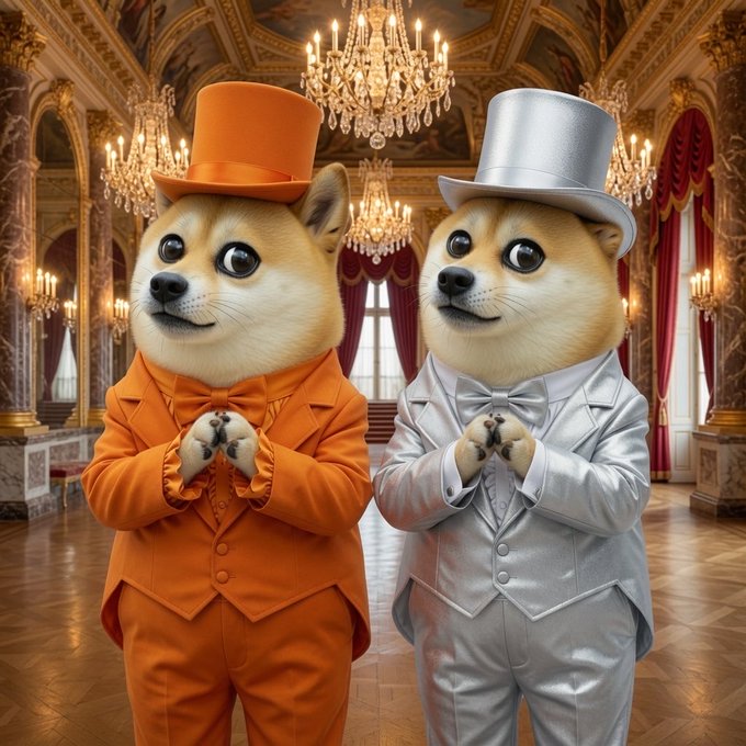 The image features two Shiba Inu dogs dressed up as men, standing side by side with their hands clasped together. They are wearing top hats and suits, giving them a regal appearance. The background of the image shows an elegant room with chandeliers hanging from the ceiling, adding to the overall sophistication of the scene.

The post that accompanies this image is titled "SHIBU @ShibuCoinSolana". This suggests that the photo was taken by ShibuCoin Solana and might be related to a Shiba Inu dog or a similar theme. The caption also mentions an afternoon, which could indicate that the photo was taken during a time when people are dressed up for special occasions or events.

The image is likely meant to evoke a sense of elegance and sophistication, with the two dogs dressed in suits and top hats standing out as the main subjects.