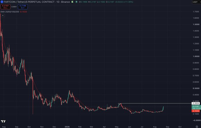 A cryptocurrency candlestick chart for FARTCOIN/USDT perpetual contract on Binance shows a steep decline from around $1.70 to under $0.25 by September.