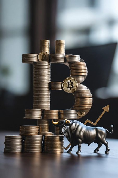 Stacks of gold coins are arranged to form a Bitcoin 'B' symbol, with a small bull statue and an upward-pointing arrow in the foreground.