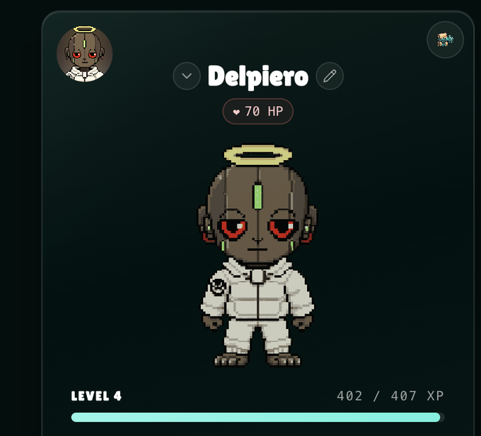 Game-style profile screen showing a pixel art character named 'Delpiero' with a halo, red eyes, and white hoodie, at Level 4 with 402/407 XP and 70 HP.