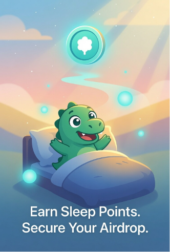 An illustration of a green cartoon crocodile in bed under a blanket, with the tagline 'Earn Sleep Points. Secure Your Airdrop.' floating above.