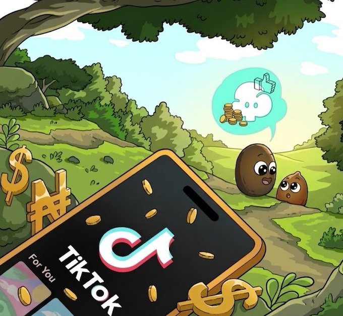 Illustration of a smartphone displaying the TikTok app screen lying on grass in a nature setting, with cartoon coins, dollar signs, and cute blob characters dreaming about wealth.