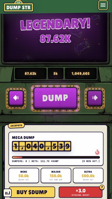 A 'Dump Str' gambling/casino app screenshot displaying a 'LEGENDARY! 87.62K' win, with a jackpot counter at 1,040,539 and options to buy $DUMP or use a x3.0 staking boost.