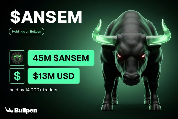 A promotional graphic for $ANSEM by Bullpen showing 45M $ANSEM and $13M USD held by 14,000+ traders, with a dark bull illustration with glowing green horns.