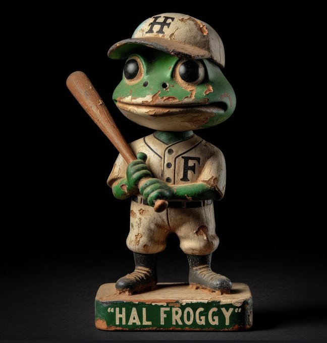 A vintage, weathered bobblehead figure of a green frog baseball player wearing a uniform with the letter 'F' and holding a bat, mounted on a base labeled 'HAL FROGGY'.