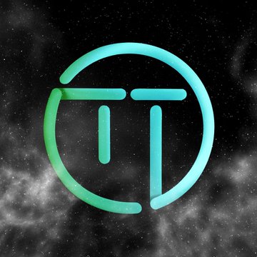 A digital logo featuring stylized cyan and green letters forming a circular design against a dark, starry space background.