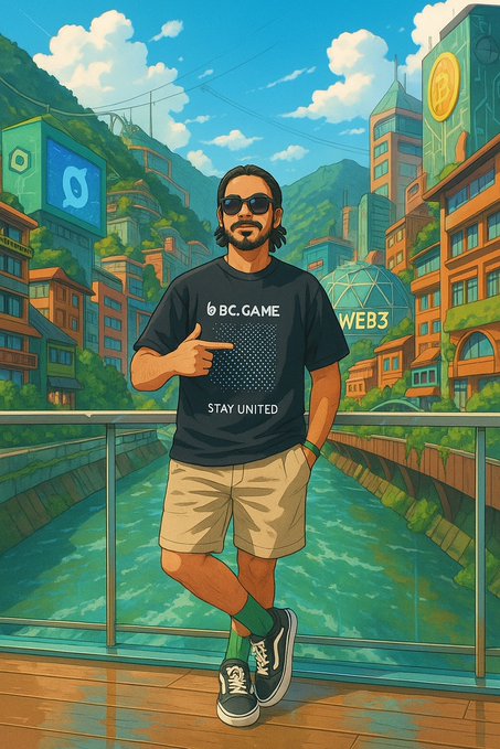 An illustrated scene shows a bearded man in sunglasses, shorts, and a black 'BC.GAME' t-shirt with the slogan 'STAY UNITED' pointing toward the text, set against a colorful futuristic Web3 cityscape with a 'WEB3' building and a river below.