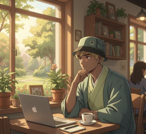 An anime-style illustration of a young man wearing a green bucket hat and robe, sitting at a cafe table with a MacBook laptop, a coffee cup, and potted plants by the window.