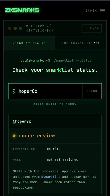 A screenshot of the 'ZKSNARKS' website showing a 'REGISTRY // STATUS_CHECK' page. The user '@hoper0x' has their status as 'under review', with 'APPLICATION' 'on file' and 'PASS' 'not yet assigned'.