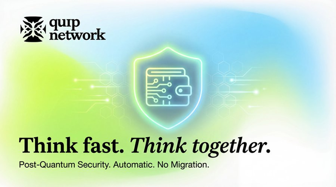 An advertisement for QURP Network featuring a neon shield and wallet graphic with the tagline 'Think fast. Think together. Post-Quantum Security. Automatic. No Migration.'
