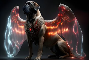 A majestic Great Dane-like dog adorned with glowing ethereal wings and ornate armor with a red gem, symbolizing the power and dominance the post claims TOSA will achieve as one of the greatest dog-themed memes alongside Doge, Shiba, and Akita.