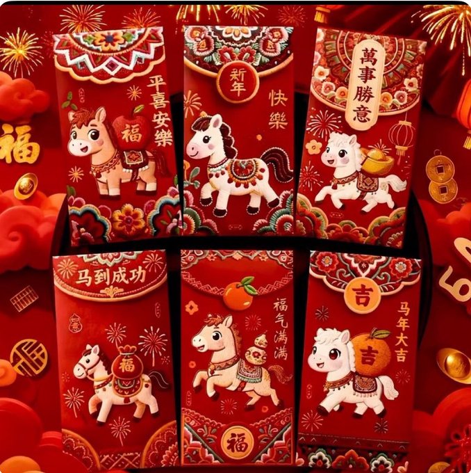 The image shows six Chinese New Year red envelopes (hongbao) featuring cartoon horses and festive designs, with visible characters including "新年快樂" (Happy New Year), "萬事勝意" (May all wishes come true), "福氣滿滿" (Full of blessings), "馬到成功" (Success upon arrival of the horse), "馬年大吉" (Great luck in the Year of the Horse), and "福" (fortune).

The connection to the post about wallet addresses: these traditional hongbao symbolize receiving unexpected monetary gifts, drawing a parallel to crypto "red packet" airdrops where leaving a wallet address may result in surprise tokens appearing—just as recipients find money in these envelopes during Lunar New Year.