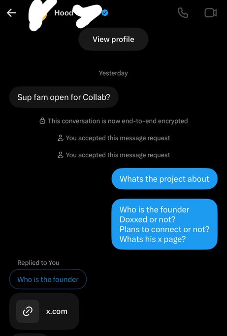 A screenshot of a Twitter DM conversation where someone asks 'Sup fam open for Collab?' and the recipient responds with 'Whats the project about', 'Who is the founder Doxxed or not? Plans to connect or not? Whats his x page?'.