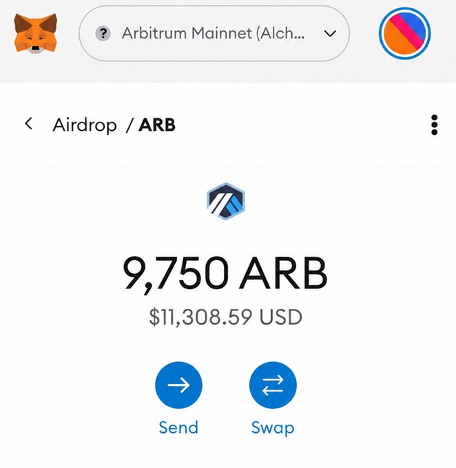 A MetaMask wallet interface showing 'Arbitrum Mainnet (Alch...)' network selection with an Airdrop balance of 9,750 ARB tokens valued at $11,308.59 USD, featuring Send and Swap buttons.