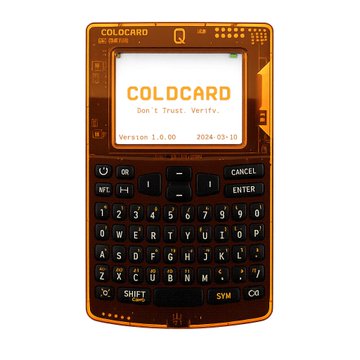 An image of a hardware wallet device with an orange circuit board border and a black QWERTY keyboard, displaying the text "COLDCARD", "Don't Trust. Verify.", and "Version 1.6.0G 2024-03-18" on its screen.