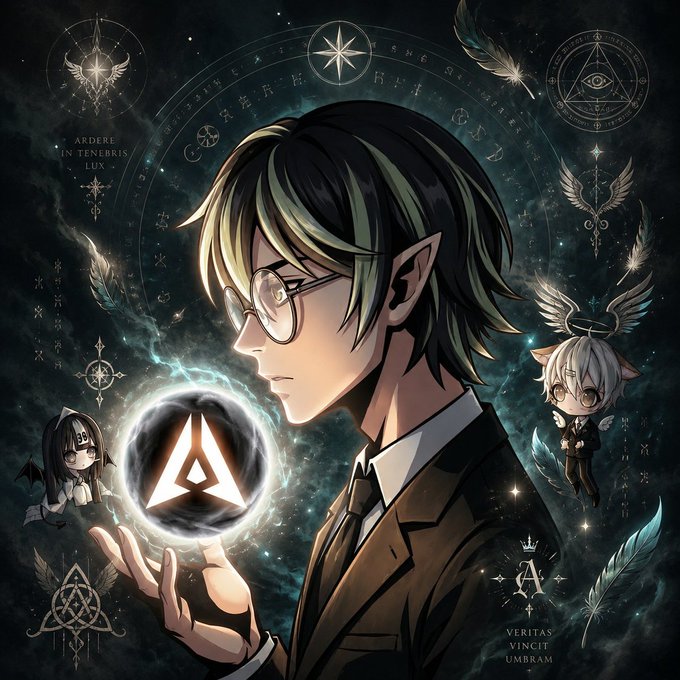 The image shows a dark, mystical anime-style illustration featuring a young man with glasses holding a glowing triangular symbol, flanked by two small winged chibi figures against a starry backdrop with Latin inscriptions including "ARDERE IN TENERIS LUX" and "VERITAS VINCIT UMBRAM." It visually represents the GenLayer validator concept by portraying the validator as a thoughtful decision-maker engaging with magical, judgment-based symbolism rather than just mechanical computation, echoing the post's message about moving beyond simple "run hardware" pitching toward something more meaningful—helping decide truth rather than just proving machine work.
