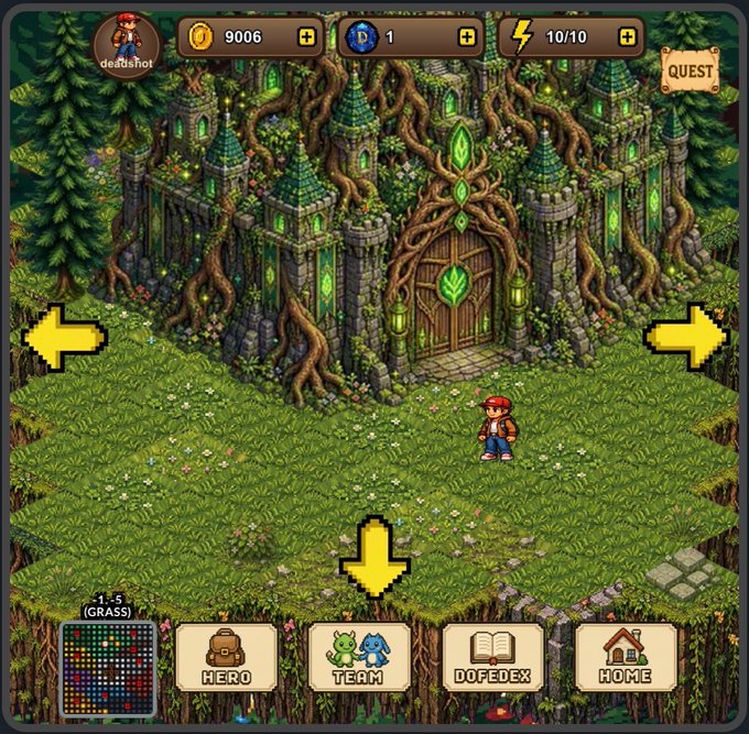 A pixel-art mobile game screenshot showing a character named 'deadshot' in front of an overgrown castle, with HUD elements including 9006 gold, 1 diamond, 10/10 energy, and buttons for Hero, Team, Dofedex, and Home.