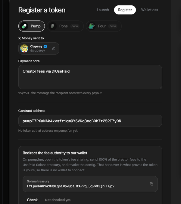 A 'Register a token' interface on pump.fun showing payment of X Money to Cupsey (@cupseyy) for creator fees via @UsePaid, with a contract address and Solana treasury address.