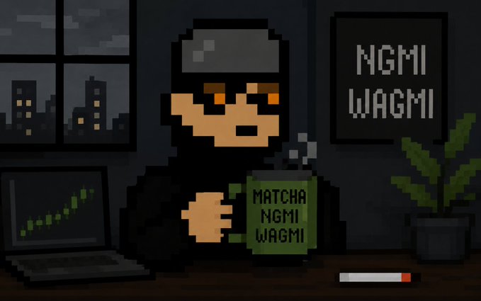 The image features a cartoon character sitting at a desk with a laptop computer, holding a green coffee mug that says "matcha nagi ngi wagi" (matches nagi). The character appears to be wearing glasses and has a serious expression on their face as they look down at the mug. In the background, there is a plant and a picture of a city skyline, adding an urban touch to the scene.