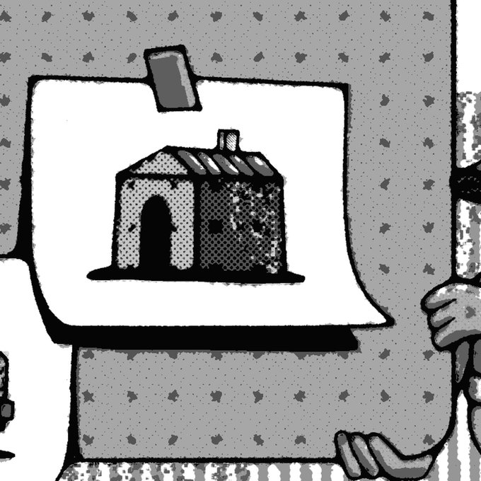 A black and white illustration in a comic or storyboard style shows a figure holding up a drawing or photo of a small house with an arched doorway.