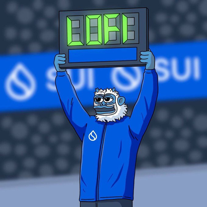 Cartoon character Sui, a blue mascot, holding up a scoreboard displaying green digits showing "6888" against a blurred stadium background with "SUI" branding.