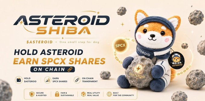 The image features a poster for an Asteroid Shiba project that has just been released, with a focus on its rewards system. The poster includes a small brown dog wearing a blue space suit as part of the design. The text on the poster announces the release of the project and mentions that it is available for pre-sale in June. The post also highlights the project's whitelist status, which means only certain users can participate in trading or earning rewards from this project.